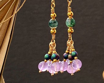 Bohemian Earrings, Amethyst & Moss Agate, Beaded, Unique, Boho, Long, Romantic Crystal, Ethnic, Chandelier