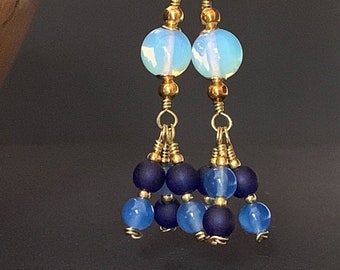 Earrings Blue Agate and Sea Glass, Beaded, Bohemian, Statement, Ethnic, Boho