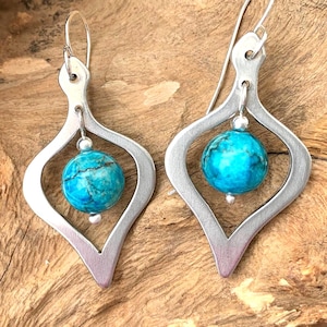 Teal African Turquoise Drop Earrings, Sculptural Pewter Frame, Sterling Silver Hooks