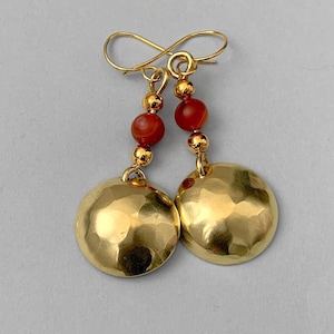 Red Agate & Brass Hammered Dome Earrings, Gold Plated Hooks, Boho Dangle Jewellery, Handmade Gift for Her