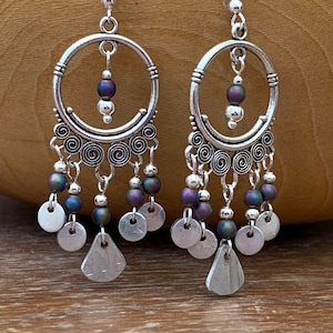 Rainbow Hematite Chandelier Earrings, Long Silver Boho Dangle, Tribal Statement Jewellery Gift
