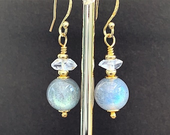 Boucles d'oreilles en vermeil, or 18 carats et 24 carats, noyau en argent sterling 925, diamant Herkimer, labradorite, cadeau pour elle