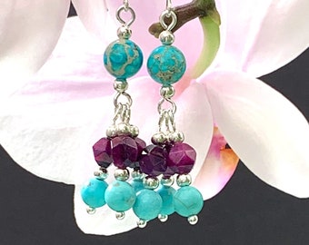 Earrings Turquoise Sea Sediment Jasper & Purple Tiger's Eye, Unique, Bohemian, Crsytal, Gemstone, Chandelier Earrings