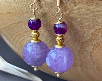 Dangle Earrings Dream Amethyst Agate, Bohemian, Crystal, Gold Plated, Gift for Her