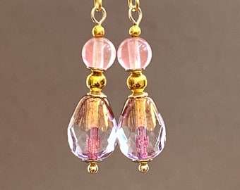 Czech Glass Earrings Pink & Gold Dangle, Crystal, Cherry Quartz, Rose Gold