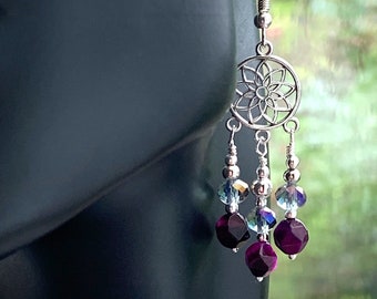 Mandala Earrings Long Purple & Silver, Crystal, Beaded, Bohemian, Ethnic