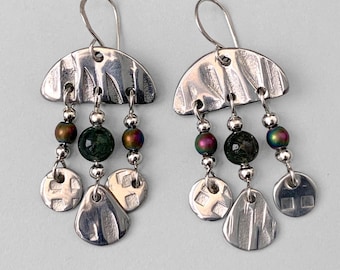 Moss agate hammered silver earrings, pewter, Sterling Silver hooks, chandelier, boho, ethnic, tribal