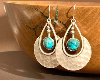 Long Earrings with African Turquoise, Elegant, Bohemian, Statement, Stylish, Sterling Silver Hooks