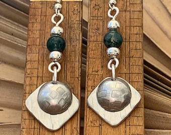Moss Agate Dangle Earrings, Hammered Silver Geometric Drop, Boho Tribal Gift