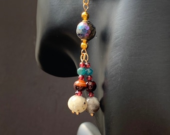 Earrings Garnet& Gemstone, Statement, long, Boho, Ethnic, Tribal, Rustic