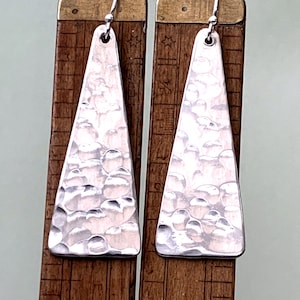 Hammered Pewter Triangle Earrings, Long Statement Dangle, Handmade Artisan Jewellery, Sterling Silver Hooks