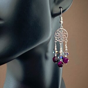 Boho Mandala Purple & Silver  Chandelier Dangles, Crystal, Beaded, Bohemian, Ethnic