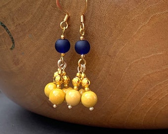 Beaded Earrings Royal Blue & Mustard Yellow, Sea Glass, Mookaite Gemstone, Chandelier, Bohemian