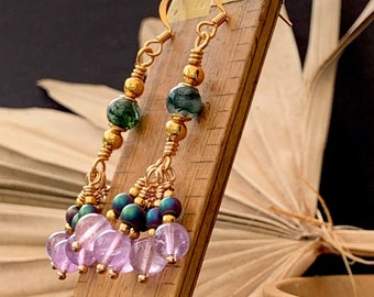 Bohemian Earrings,  Amethyst & Moss Agate, Boho, Long, Violet Green, Unusual Long, Romantic, Crystal, Ornate Ethnic, Renaissance