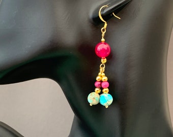 Boho festival earrings, beaded magenta turquoise gold jewellery, Jade and Agate gemstone, nomad hippie accessories, dangle drop beach style