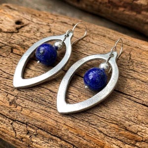 Lapis Lazuli Long Drop Earrings Silver, Blue Gemstone Dangle Earrings, Boho Sculptural Form With Sterling Silver Hooks