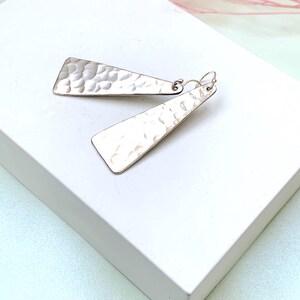 A pair of long triangle geometric hammered earrings with sterling silver hooks is shown on a light green background with delicate pink flower sprigs. By Earrings Of Gemstone.