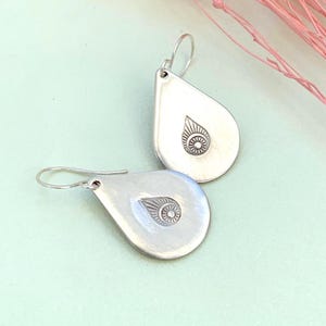 Silver Teardrop Earrings, Stamped Pewter Drops with Moon and Sun Motif, Lightweight Boho Dangles