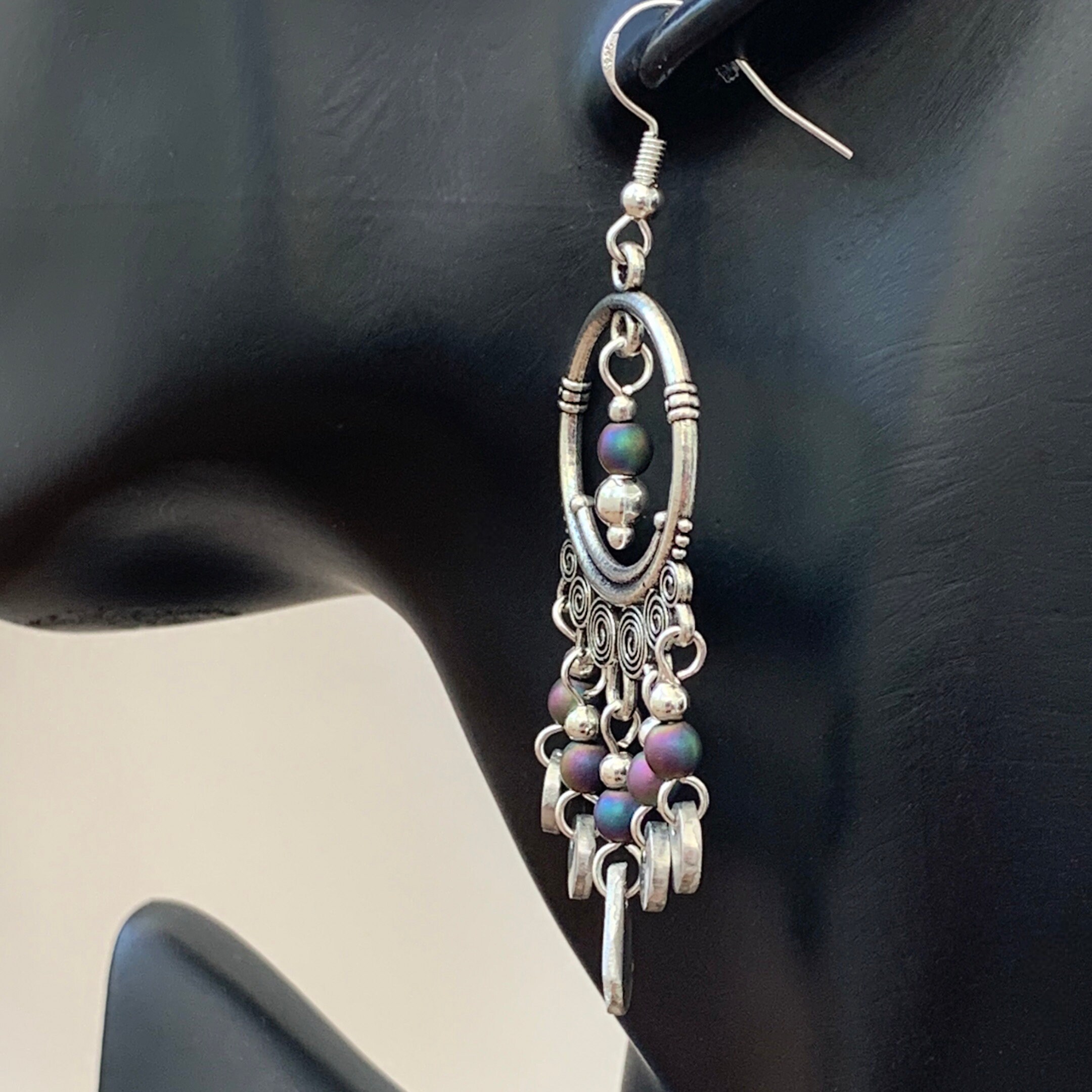 Boucles D'oreilles Pendantes Art Déco - Argent 800 Avec Hématite - Vintage - Occasion