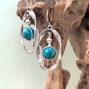 Turquoise Oval Twist Earrings with Sterling Silver Hooks, Bohemian Tribal Gift