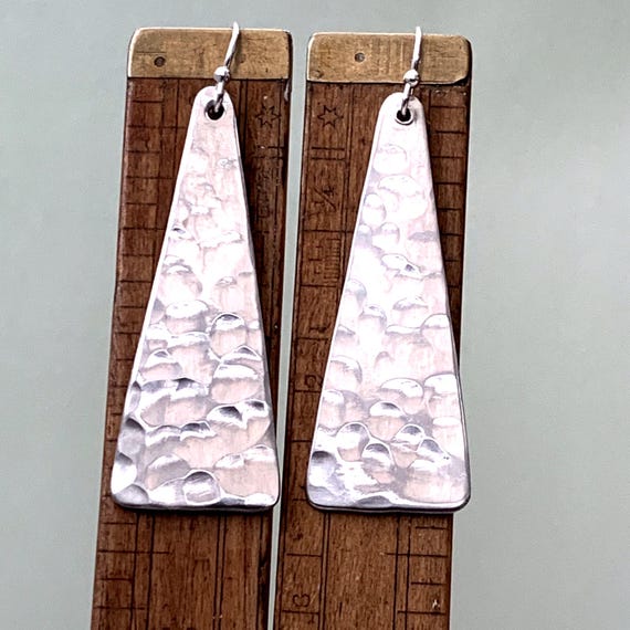 Hammered Pewter Triangle Earrings, Long Statement Dangle, Handmade Artisan Jewellery, Sterling Silver Hooks