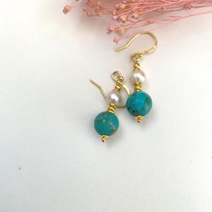 Gold Vermeil Turquoise & Pearl Earrings, African Turquoise Gemstone, Elegant Drop Earrings, Gift for Her