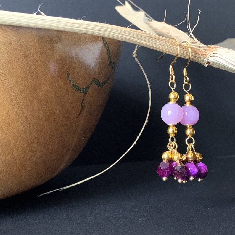 Beaded Bohemian Earrings Pink & Purple Gemstone, kunzite, Purple, Lilac, Crystal, Ethnic, Chandelier, Boho image 1