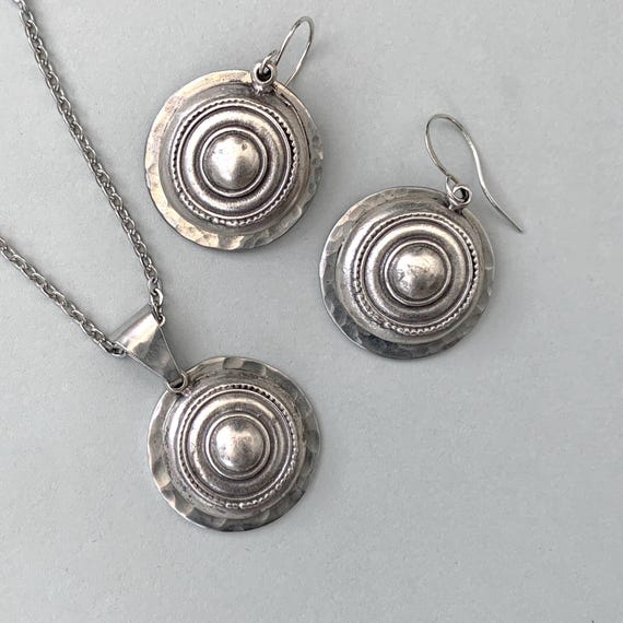 Boho Silver Coin Jewelry Set: Hammered Pewter Pendant & Sterling Silver Earrings