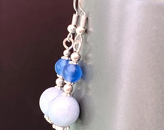 Earrings Aquamarine& Agate, Sterling Silver Hooks, Hypoallergenic