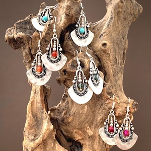 Silver Boho Earrings, Tribal, Chandelier, Ethnic, Bohemian, Turquoise, Pink, Red, Green, UK