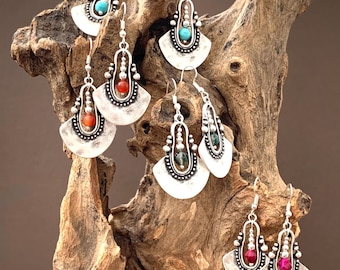 Silver Boho Earrings, Tribal, Chandelier, Ethnic, Bohemian, Turquoise, Pink, Red, Green, UK