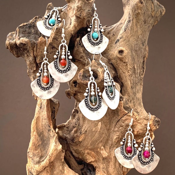 Silver Boho Earrings, Tribal, Chandelier, Ethnic, Bohemian, Turquoise, Pink, Red, Green, UK