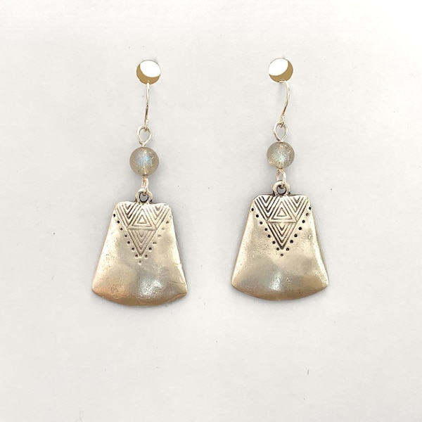 Labradorite Tribal Earrings, Silver Etched Geometric Dangle with Sterling Silver Hooks, Boho Statement Gift