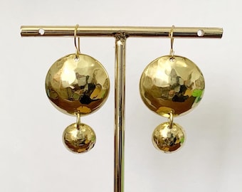 Brass Dangle Earrings, Domed Disc Earrings, Handmade Yellow Brass Statement Jewellery