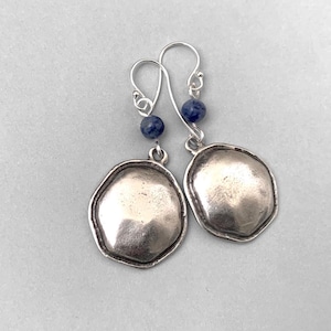 Rustic Silver Dangle Earrings: Sodalite Gemstone & Hexagon Charm