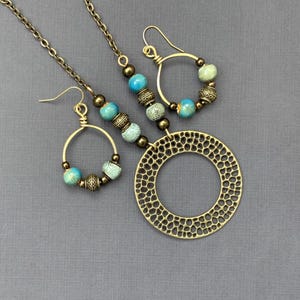 Boho Beaded Necklace & Earring Set, Earthy Jewellery with Bronze and Blue Tones, Casual Tribal Style Gift for Her