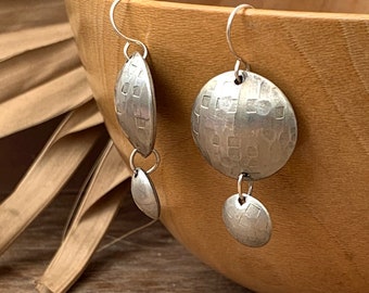 Hammered pewter earrings, domed, minimalist boho, tribal, Sterling Silver hooks