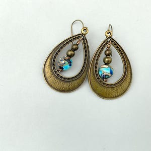 Boho Teardrop Jasper Dangle Earrings: Rustic Bronze Frame, Handmade UK