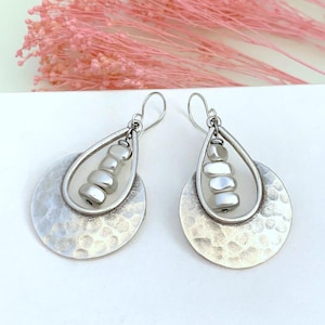 Silver Hematite Statement Earrings, Modern Hammered Teardrop with Sterling Silver Hooks & Boho Tribal Styling