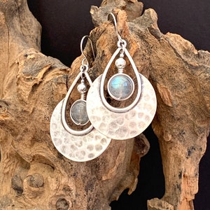 Silver Boho Earrings with Labradorite Crystal Gemstone & 925 Sterling Silver Hooks