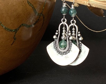 Bohemian Silver Chandelier Earrings with Moss Agate, Tribal, Ethnic, Boho, Unique, Long Hypoallergenic