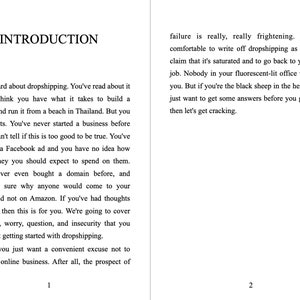 May include: A book cover with the title "Introduction" and text about dropshipping. The text discusses the challenges and benefits of starting a dropshipping business.