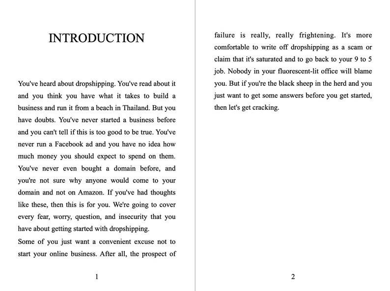 May include: A book cover with the title "Introduction" and text about dropshipping. The text discusses the challenges and benefits of starting a dropshipping business.