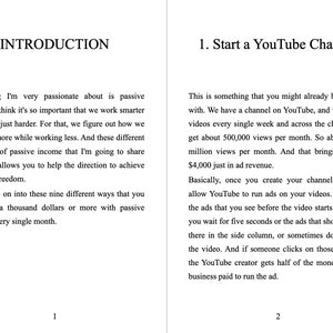 May include: A page from a book with the title "Introduction" and "Start a YouTube Channel". The text describes how to earn passive income by starting a YouTube channel and running ads on videos.