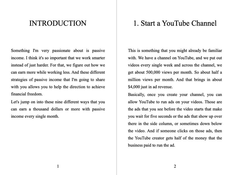 May include: A page from a book with the title "Introduction" and "Start a YouTube Channel". The text describes how to earn passive income by starting a YouTube channel and running ads on videos.