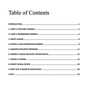May include: Table of Contents for a book or document with topics including starting a YouTube channel, creating a membership website, writing a book, and more.