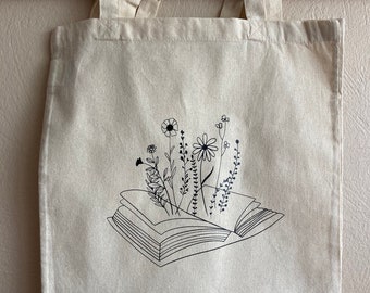 Baumwolltasche/Tragetasche/Jutebeutel/Boho/Bookstagram/Bücher/Blumen/Buch