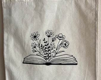 Baumwolltasche/Tragetasche/Jutebeutel/Boho/Bookstagram/Bücher/Blumen/Buch