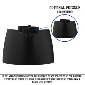 Pode incluir: Produto preto em forma de cone com uma parte superior plana e uma se&ccedil;&atilde;o superior detalhada. Uma inser&ccedil;&atilde;o circular mostra um close-up da parte superior. Texto: "OPTIONAL PRESSER (SHOWN HERE)" e instru&ccedil;&otilde;es.