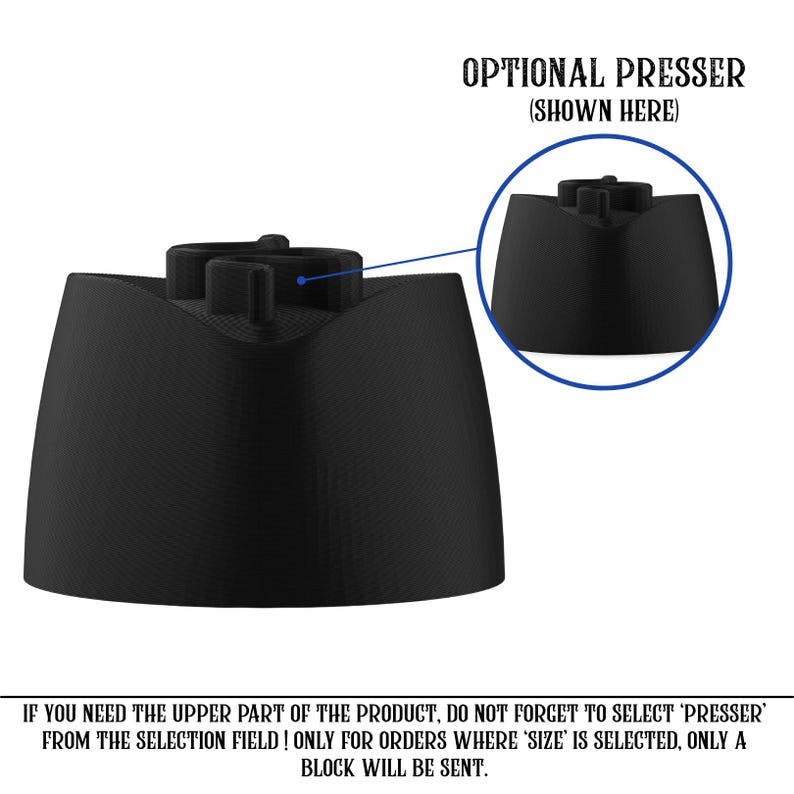 Pode incluir: Produto preto em forma de cone com uma parte superior plana e uma se&ccedil;&atilde;o superior detalhada. Uma inser&ccedil;&atilde;o circular mostra um close-up da parte superior. Texto: "OPTIONAL PRESSER (SHOWN HERE)" e instru&ccedil;&otilde;es.